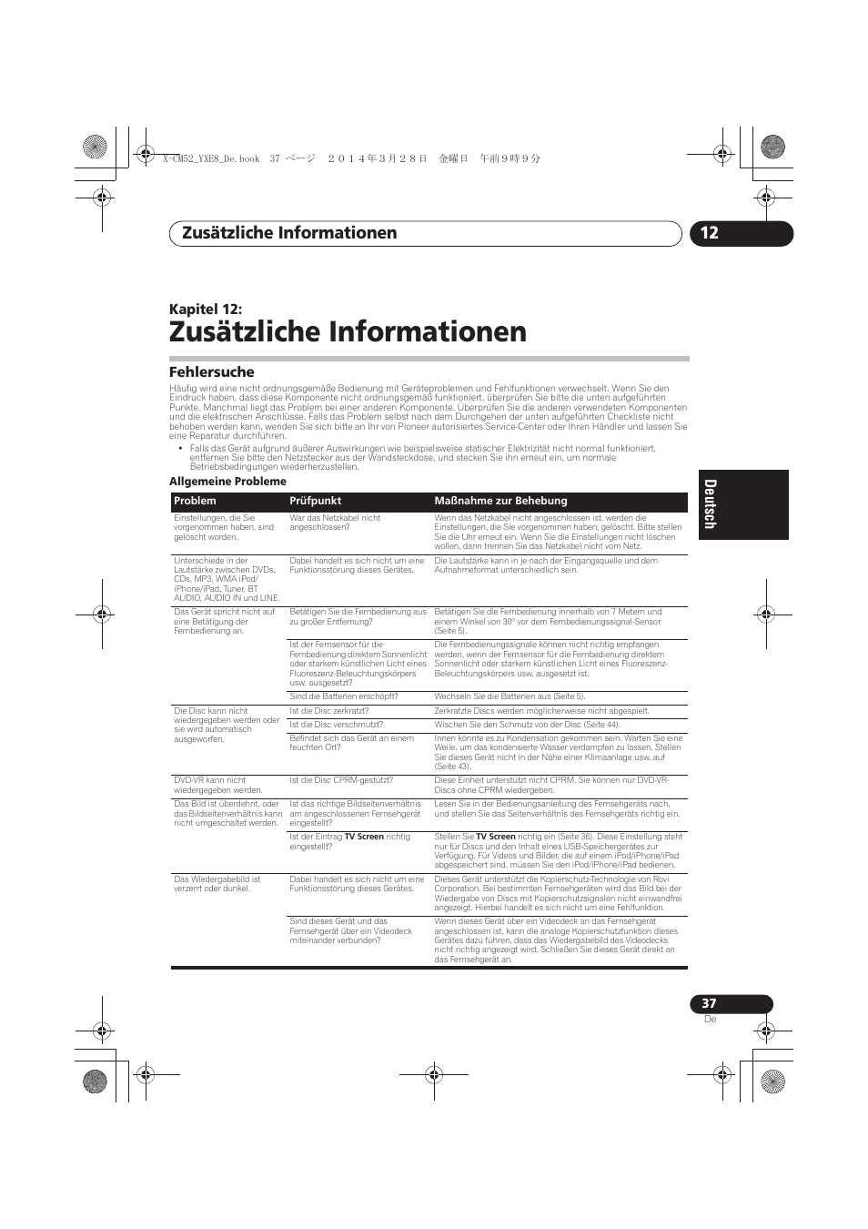 12 zusätzliche informationen, Fehlersuche, Zusätzliche informationen | Zusätzliche informationen 12, Kapitel 12 | Pioneer X-CM52BT-W User Manual | Page 125 / 268