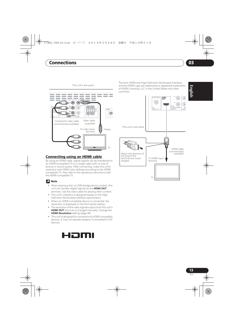 Connecting using an hdmi cable, Connections 03, English | Pioneer X-CM52BT-W User Manual | Page 13 / 268