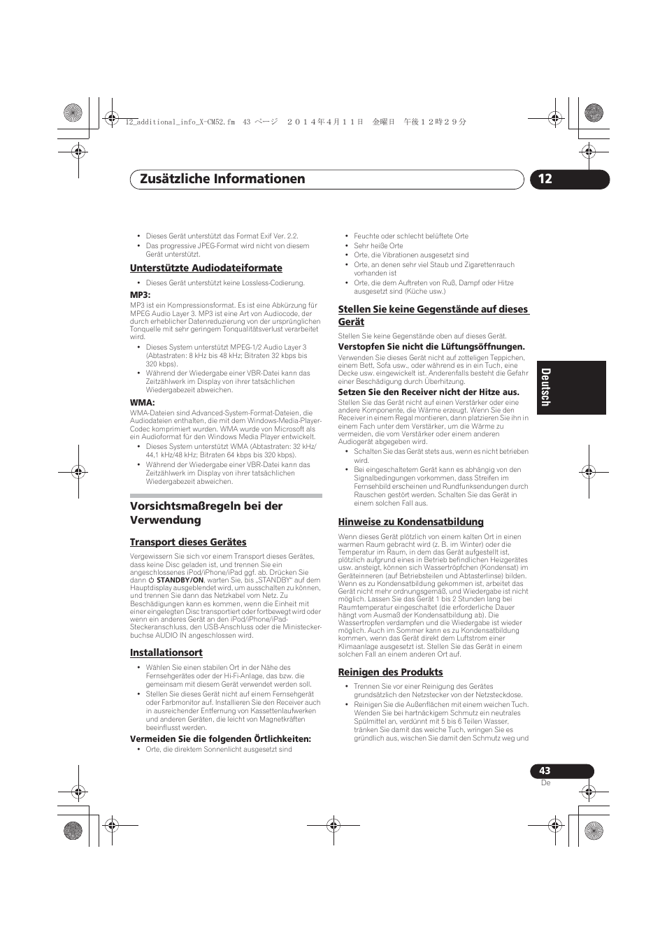 Unterstützte audiodateiformate, Vorsichtsmaßregeln bei der verwendung, Transport dieses gerätes | Installationsort, Stellen sie keine gegenstände auf dieses gerät, Hinweise zu kondensatbildung, Reinigen des produkts, Zusätzliche informationen 12 | Pioneer X-CM52BT-W User Manual | Page 131 / 268