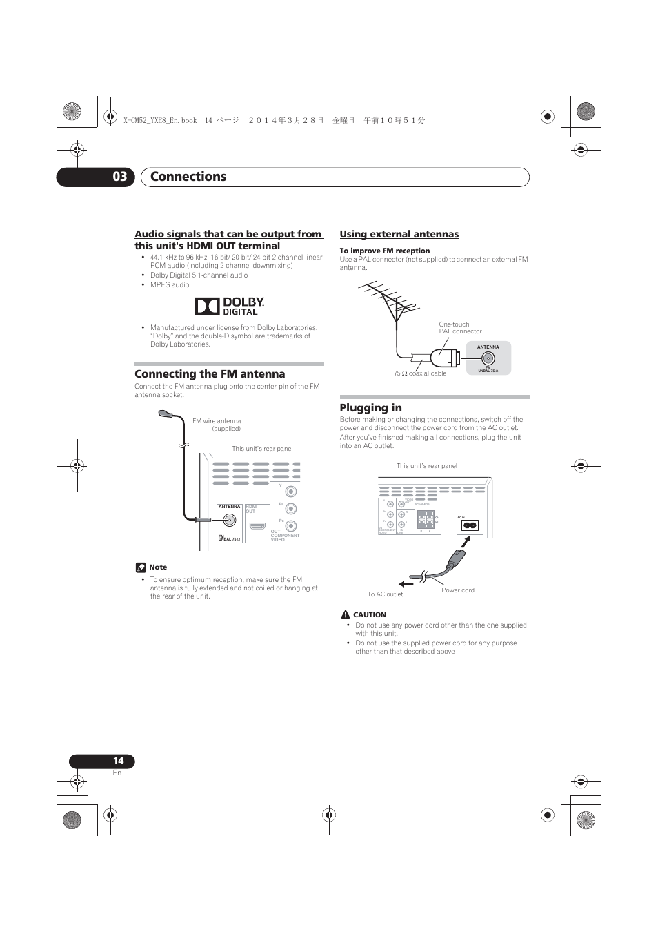Audio signals that can be output from this unit's, Hdmi out terminal, Connecting the fm antenna | Using external antennas, Plugging in, Connections 03 | Pioneer X-CM52BT-W User Manual | Page 14 / 268