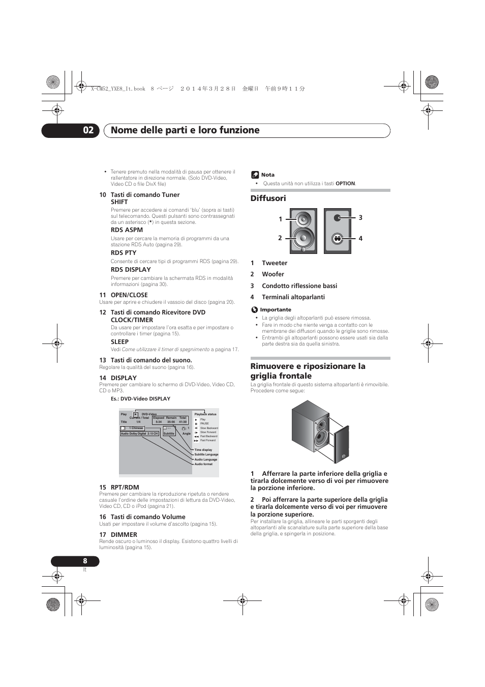 Diffusori, Rimuovere e riposizionare la griglia frontale, Nome delle parti e loro funzione 02 | Pioneer X-CM52BT-W User Manual | Page 140 / 268