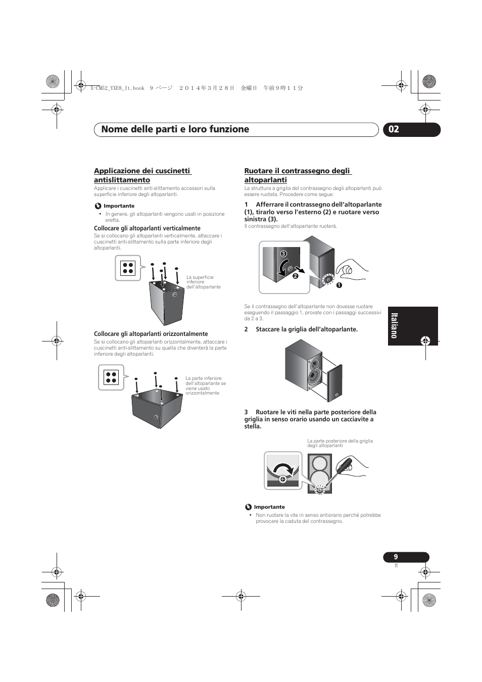 Applicazione dei cuscinetti antislittamento, Ruotare il contrassegno degli altoparlanti, Nome delle parti e loro funzione 02 | Pioneer X-CM52BT-W User Manual | Page 141 / 268