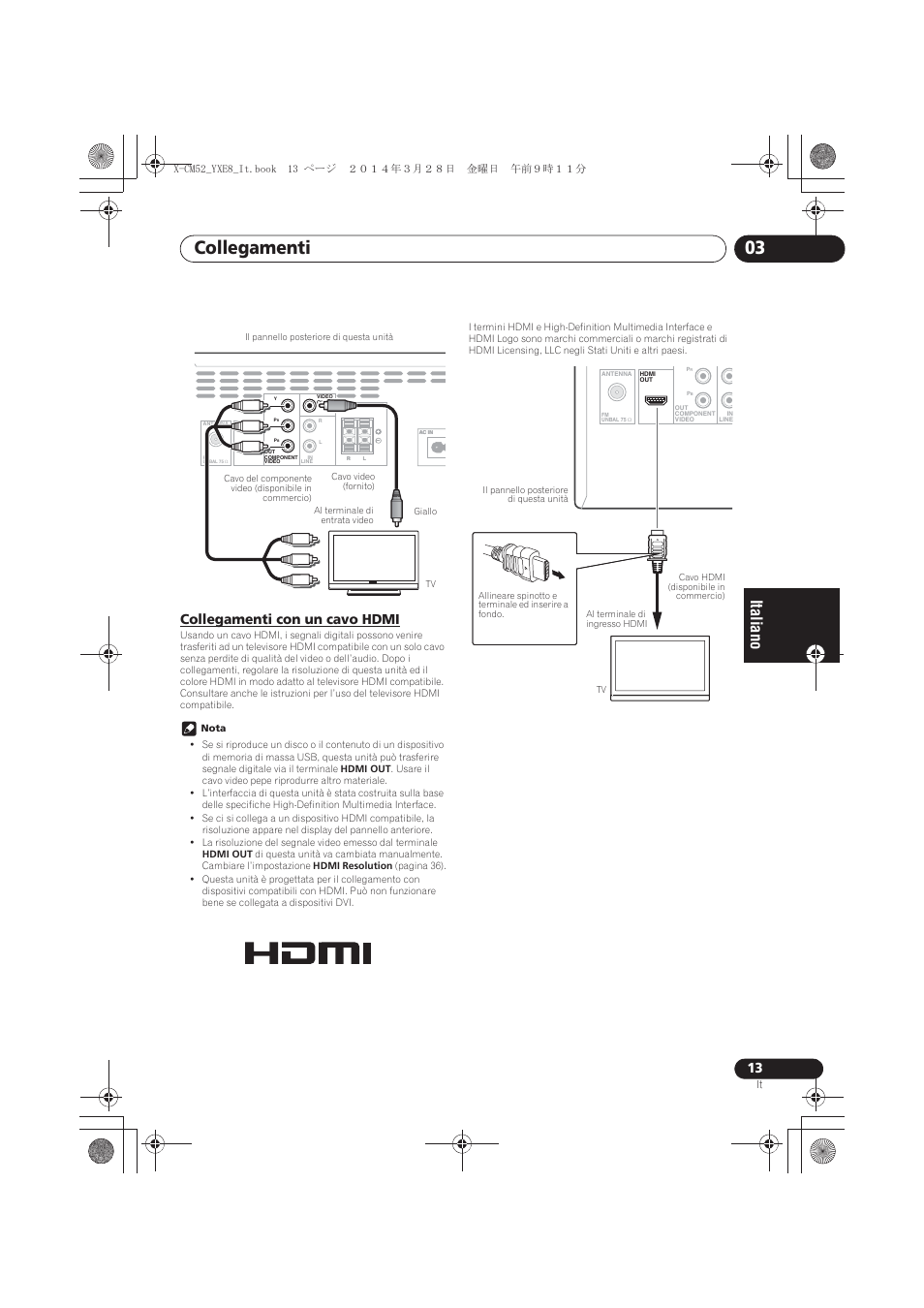 Collegamenti con un cavo hdmi, Collegamenti 03 | Pioneer X-CM52BT-W User Manual | Page 145 / 268