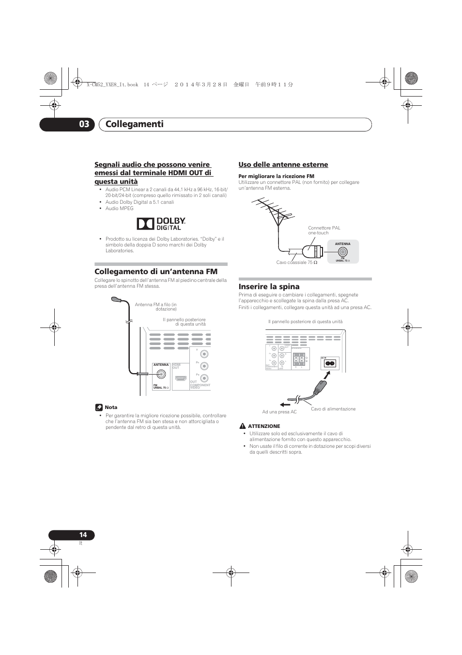 Hdmi out di questa unità, Collegamento di un’antenna fm, Uso delle antenne esterne | Inserire la spina, Collegamenti 03 | Pioneer X-CM52BT-W User Manual | Page 146 / 268