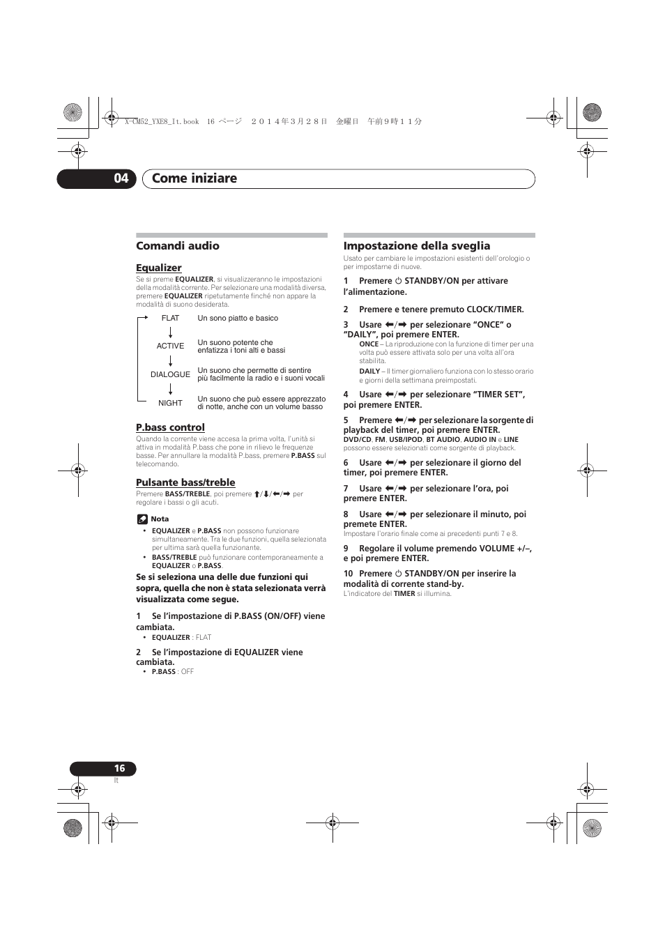 Comandi audio, Equalizer, P.bass control | Pulsante bass/treble, Impostazione della sveglia, Come iniziare 04 | Pioneer X-CM52BT-W User Manual | Page 148 / 268
