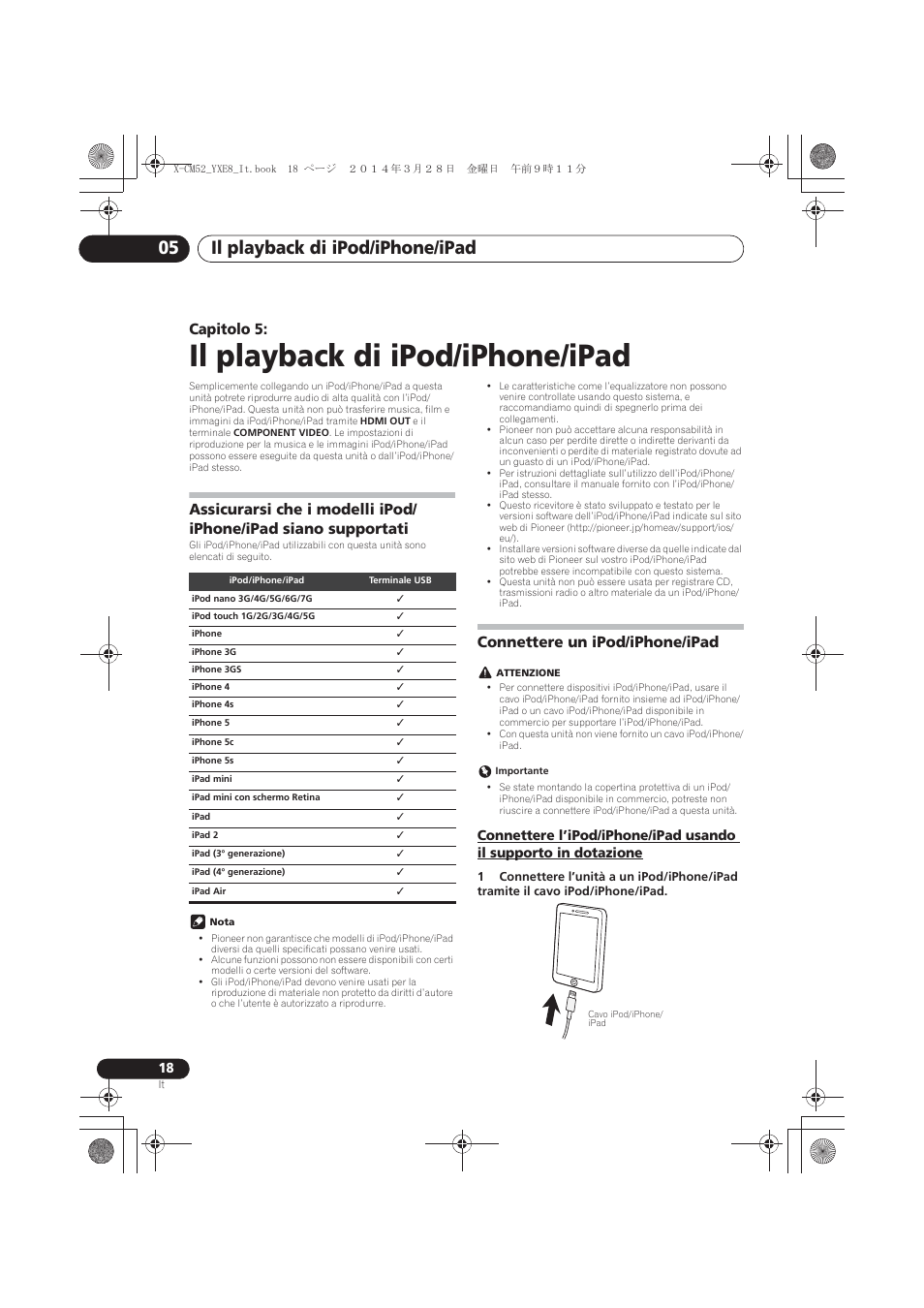 05 il playback di ipod/iphone/ipad, Assicurarsi che i modelli ipod/iphone/ipad siano, Supportati | Connettere un ipod/iphone/ipad, Dotazione, Il playback di ipod/iphone/ipad, Il playback di ipod/iphone/ipad 05, Capitolo 5 | Pioneer X-CM52BT-W User Manual | Page 150 / 268