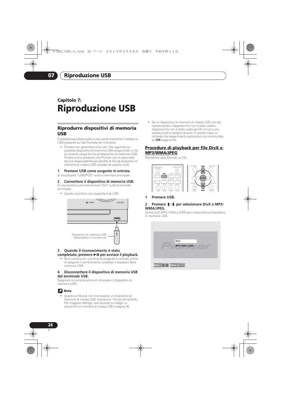 07 riproduzione usb, Riprodurre dispositivi di memoria usb, Procedure di playback per file divx o mp3/wma/jpeg | Riproduzione usb, Riproduzione usb 07, Capitolo 7 | Pioneer X-CM52BT-W User Manual | Page 158 / 268