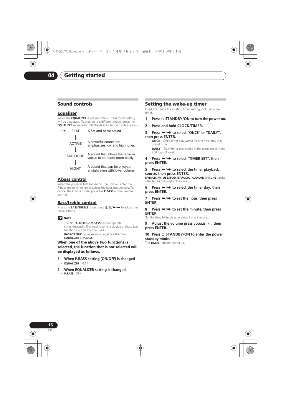 Sound controls, Equalizer, P.bass control | Bass/treble control, Setting the wake-up timer, Getting started 04 | Pioneer X-CM52BT-W User Manual | Page 16 / 268