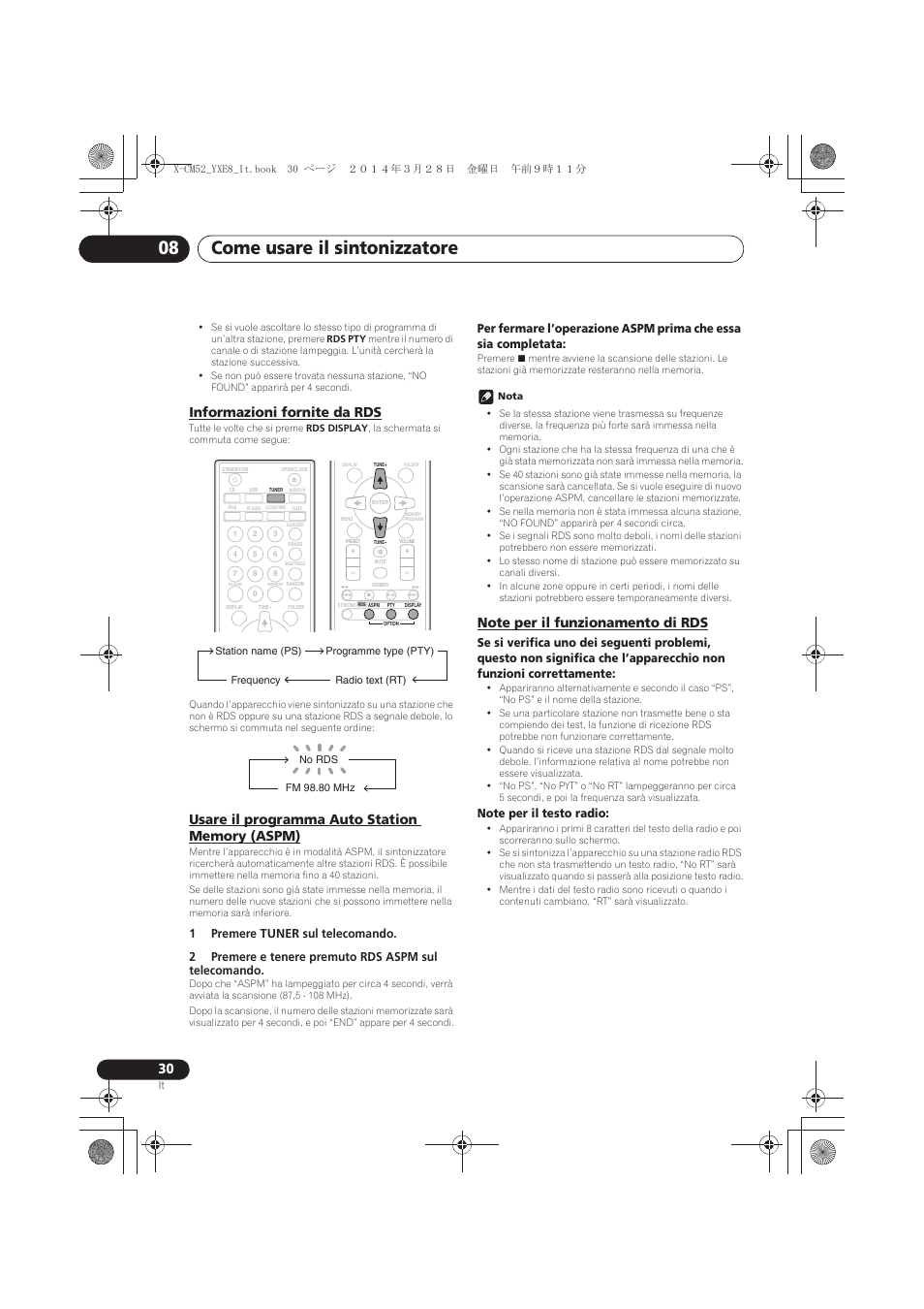 Informazioni fornite da rds, Usare il programma auto station memory (aspm), Note per il funzionamento di rds | Come usare il sintonizzatore 08 | Pioneer X-CM52BT-W User Manual | Page 162 / 268