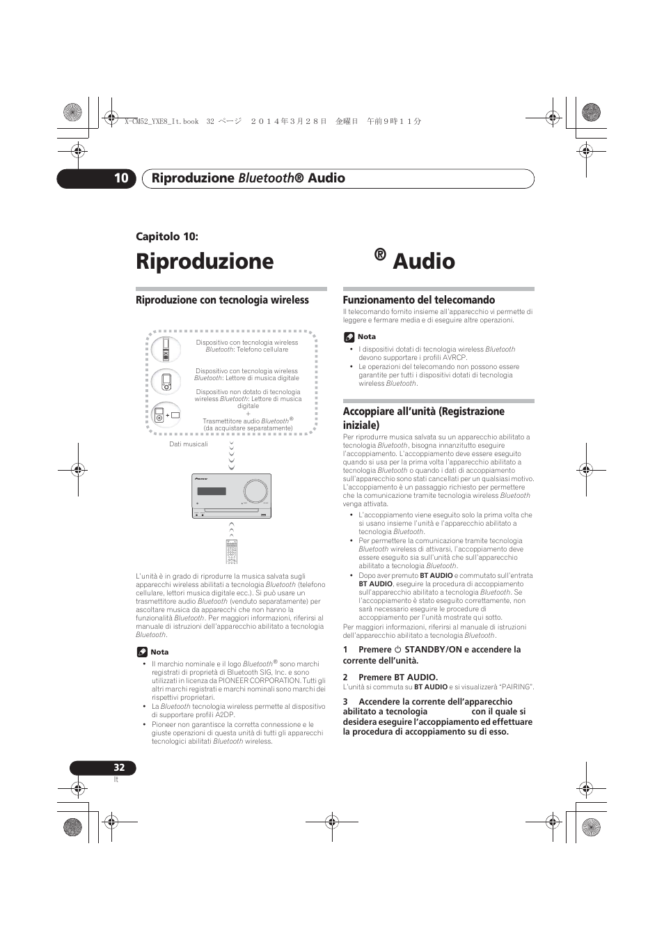 10 riproduzione bluetooth, Audio, Riproduzione con tecnologia wireless bluetooth | Funzionamento del telecomando, Accoppiare all’unità (registrazione iniziale), Riproduzione bluetooth, Riproduzione bluetooth ® audio | Pioneer X-CM52BT-W User Manual | Page 164 / 268