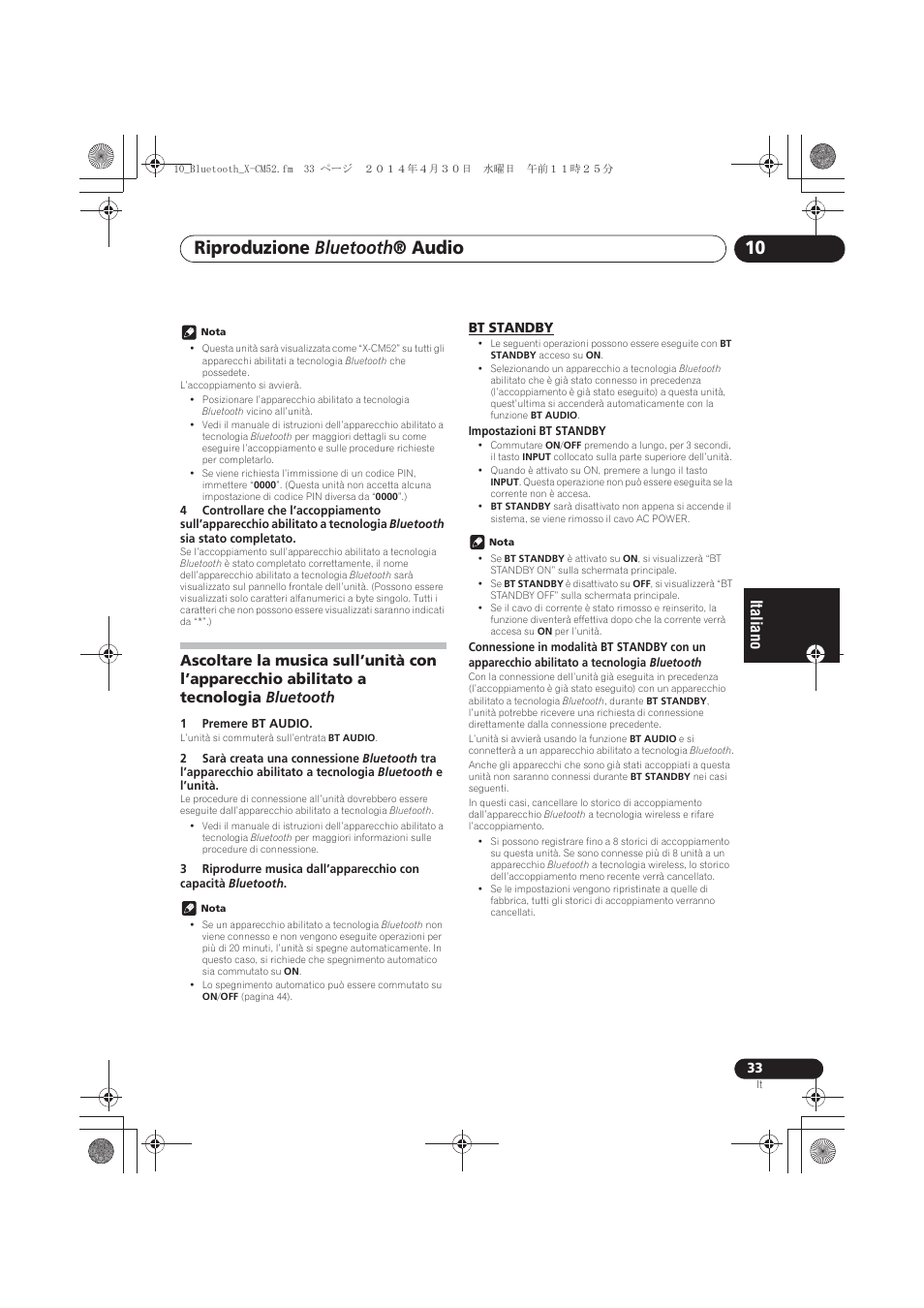 Tecnologia bluetooth, Bt standby, Riproduzione bluetooth ® audio | Pioneer X-CM52BT-W User Manual | Page 165 / 268