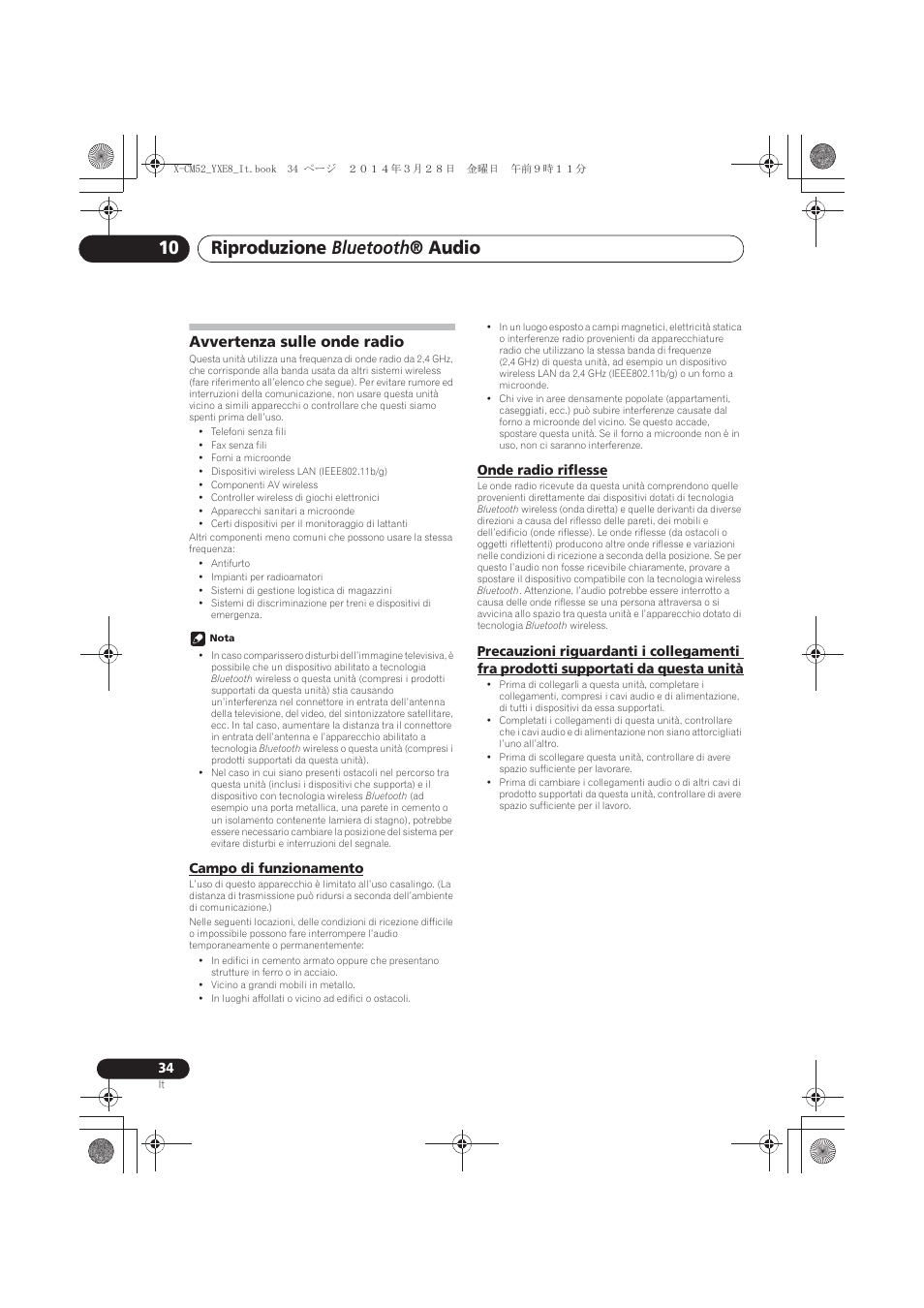 Avvertenza sulle onde radio, Campo di funzionamento, Onde radio riflesse | Supportati da questa unità, Riproduzione bluetooth ® audio | Pioneer X-CM52BT-W User Manual | Page 166 / 268
