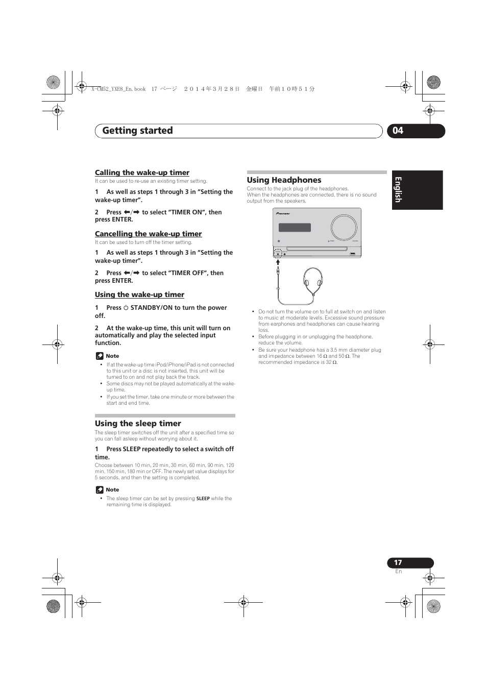 Calling the wake-up timer, Cancelling the wake-up timer, Using the wake-up timer | Using the sleep timer, Using headphones, Getting started 04, English | Pioneer X-CM52BT-W User Manual | Page 17 / 268