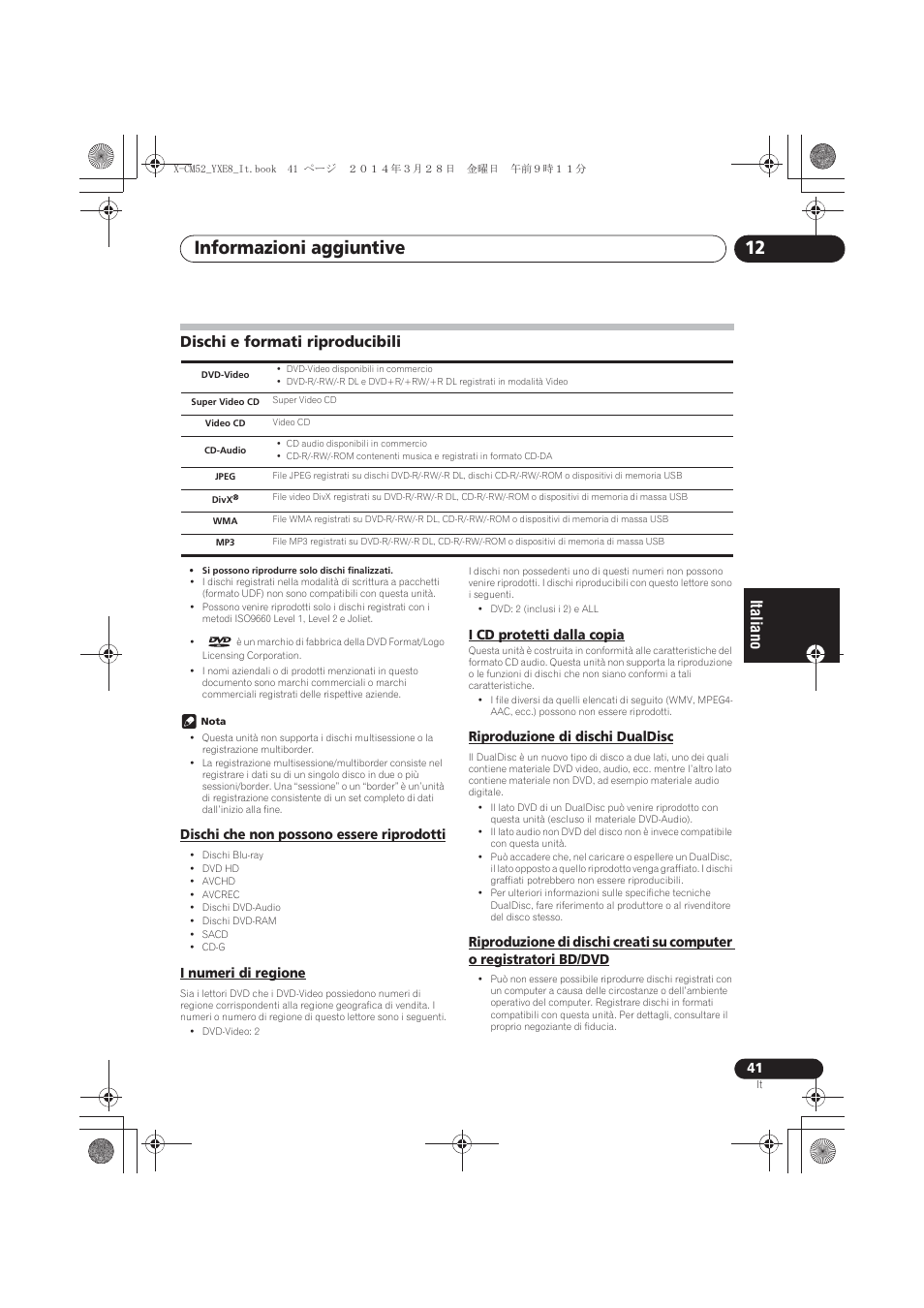 Dischi e formati riproducibili, Dischi che non possono essere riprodotti, I numeri di regione | I cd protetti dalla copia, Riproduzione di dischi dualdisc, Bd/dvd, Informazioni aggiuntive 12 | Pioneer X-CM52BT-W User Manual | Page 173 / 268
