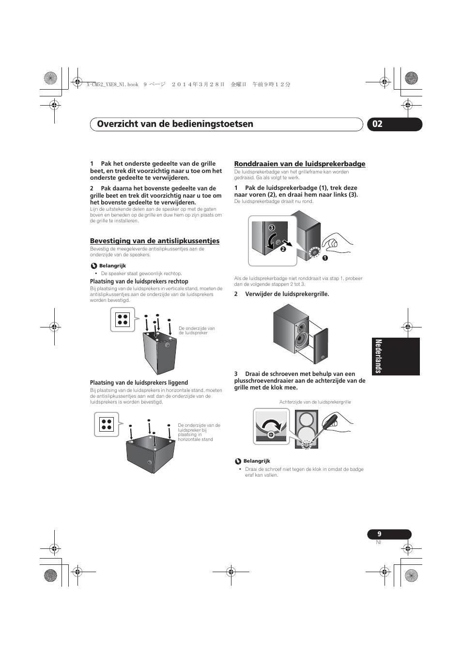 Bevestiging van de antislipkussentjes, Ronddraaien van de luidsprekerbadge, Overzicht van de bedieningstoetsen 02 | Pioneer X-CM52BT-W User Manual | Page 185 / 268