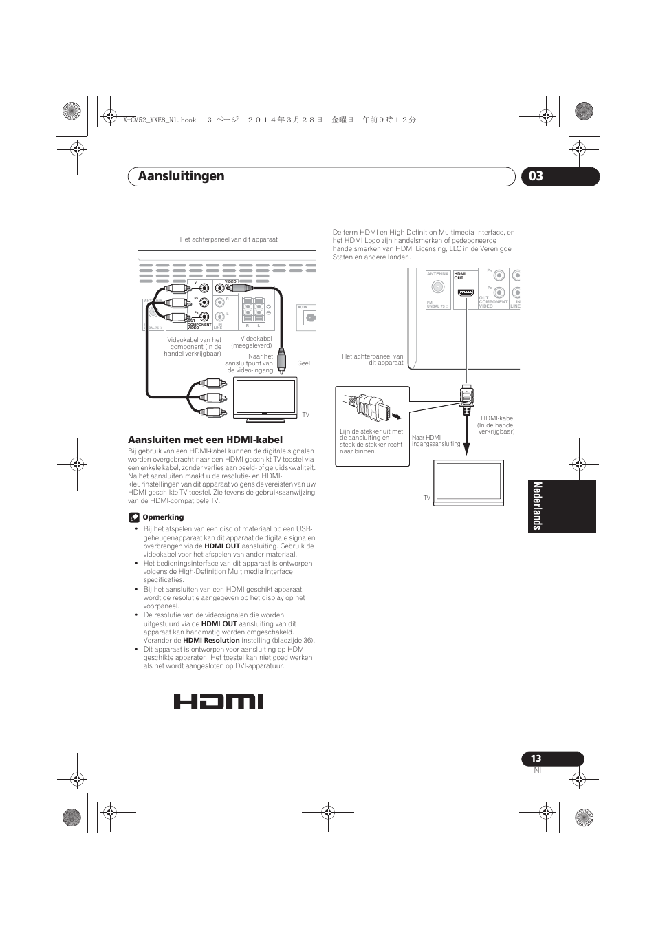 Aansluiten met een hdmi-kabel, Aansluitingen 03 | Pioneer X-CM52BT-W User Manual | Page 189 / 268