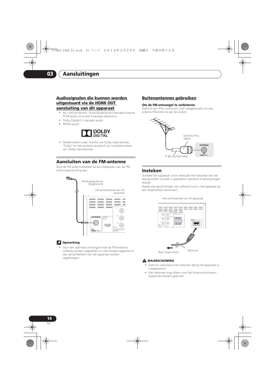 Out aansluiting van dit apparaat, Aansluiten van de fm-antenne, Buitenantennes gebruiken | Insteken, Aansluitingen 03 | Pioneer X-CM52BT-W User Manual | Page 190 / 268