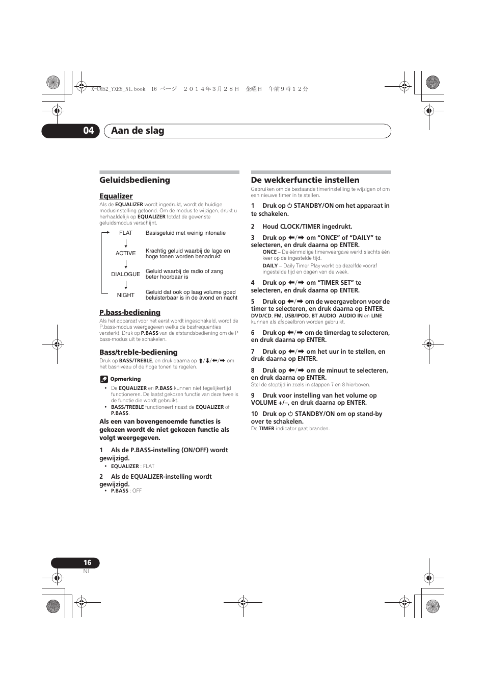 Geluidsbediening, Equalizer, P.bass-bediening | Bass/treble-bediening, De wekkerfunctie instellen, Aan de slag 04 | Pioneer X-CM52BT-W User Manual | Page 192 / 268