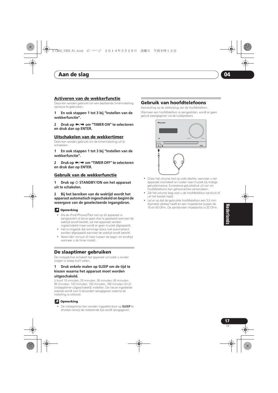 Activeren van de wekkerfunctie, Uitschakelen van de wekkertimer, Gebruik van de wekkerfunctie | De slaaptimer gebruiken, Gebruik van hoofdtelefoons, Aan de slag 04 | Pioneer X-CM52BT-W User Manual | Page 193 / 268