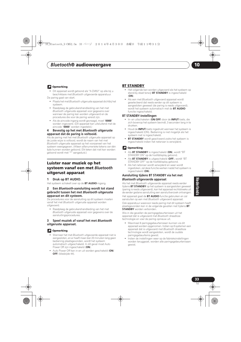 Uitgerust apparaat, Bt standby, Bluetooth ® audioweergave | Pioneer X-CM52BT-W User Manual | Page 209 / 268