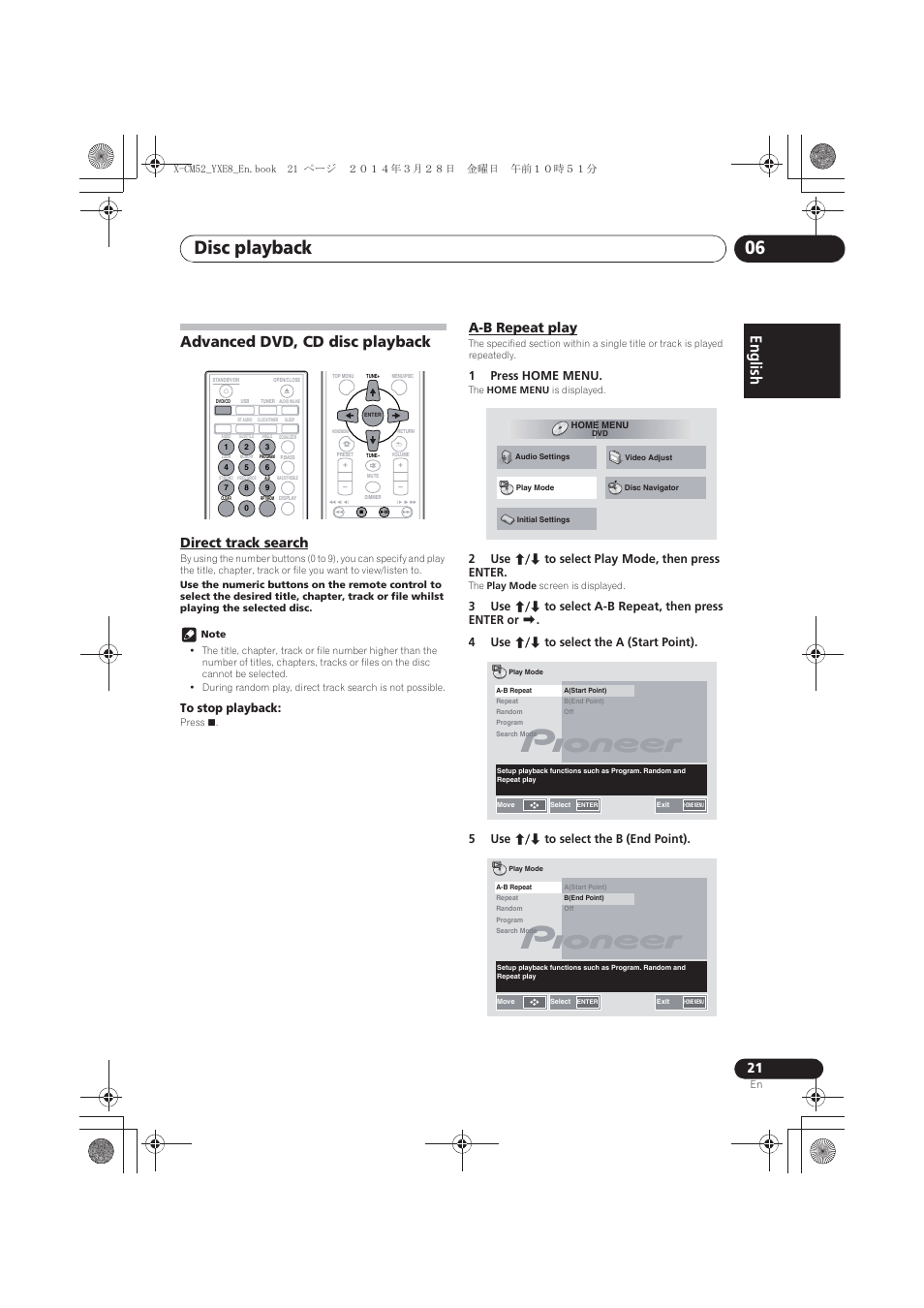 Advanced dvd, cd disc playback, Direct track search, A-b repeat play | Disc playback 06, English, 1press home menu, 2use fg to select play mode, then press enter | Pioneer X-CM52BT-W User Manual | Page 21 / 268