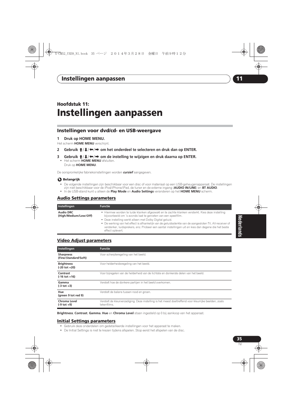 11 instellingen aanpassen, Instellingen voor dvd/cd- en usb-weergave, Audio settings parameters | Video adjust parameters, Initial settings parameters, Instellingen aanpassen, Instellingen aanpassen 11 | Pioneer X-CM52BT-W User Manual | Page 211 / 268