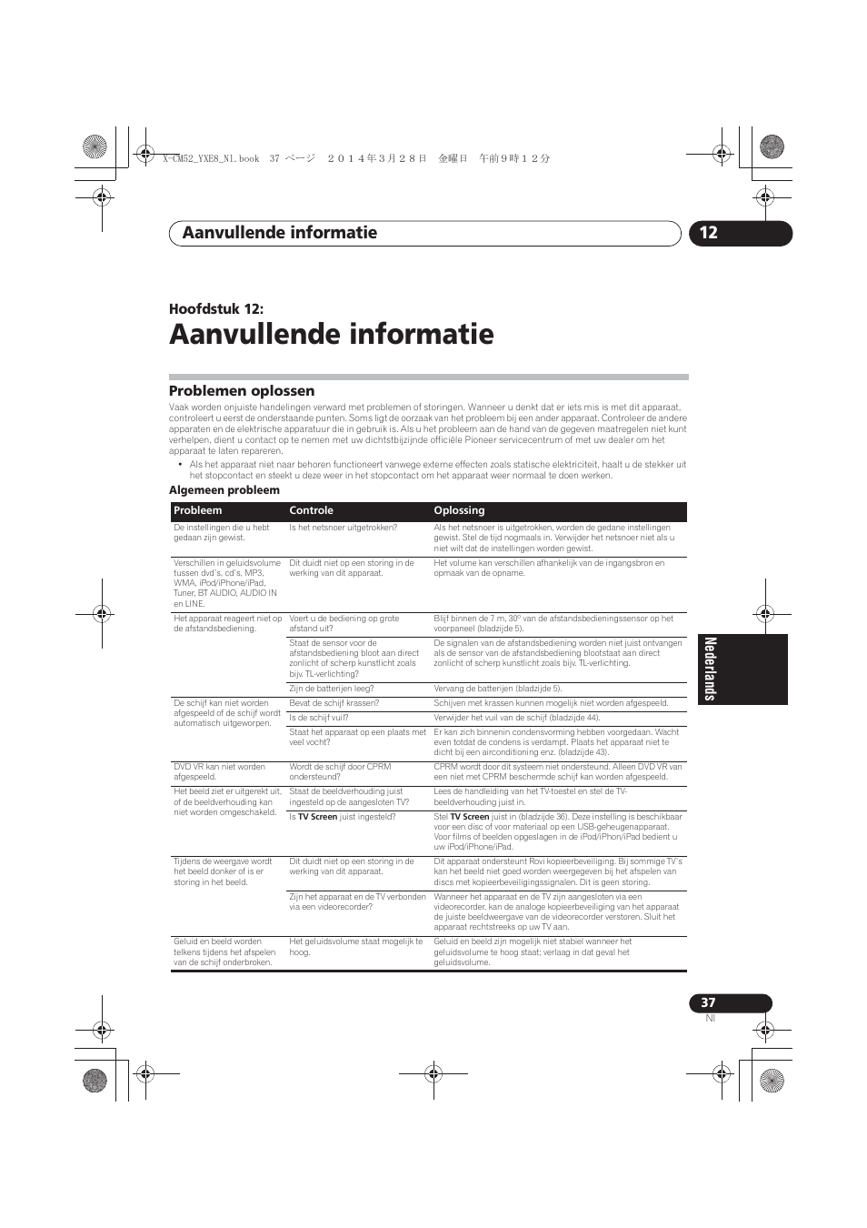 12 aanvullende informatie, Problemen oplossen, Aanvullende informatie | Aanvullende informatie 12, Hoofdstuk 12 | Pioneer X-CM52BT-W User Manual | Page 213 / 268