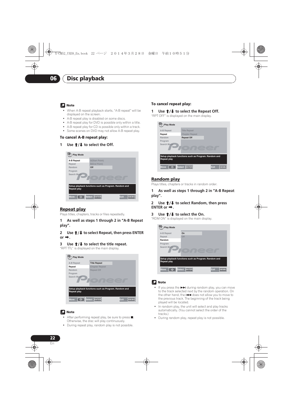 Repeat play, Random play, Disc playback 06 | Pioneer X-CM52BT-W User Manual | Page 22 / 268