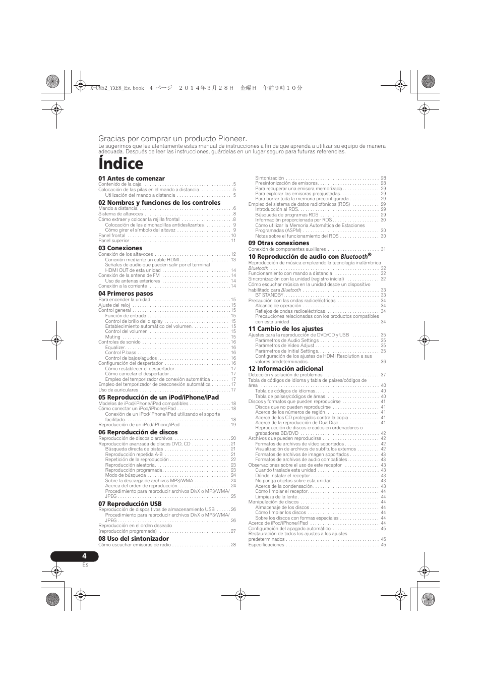 Sistema receptor de dvd, Manual de instrucciones, Índice | Gracias por comprar un producto pioneer | Pioneer X-CM52BT-W User Manual | Page 224 / 268