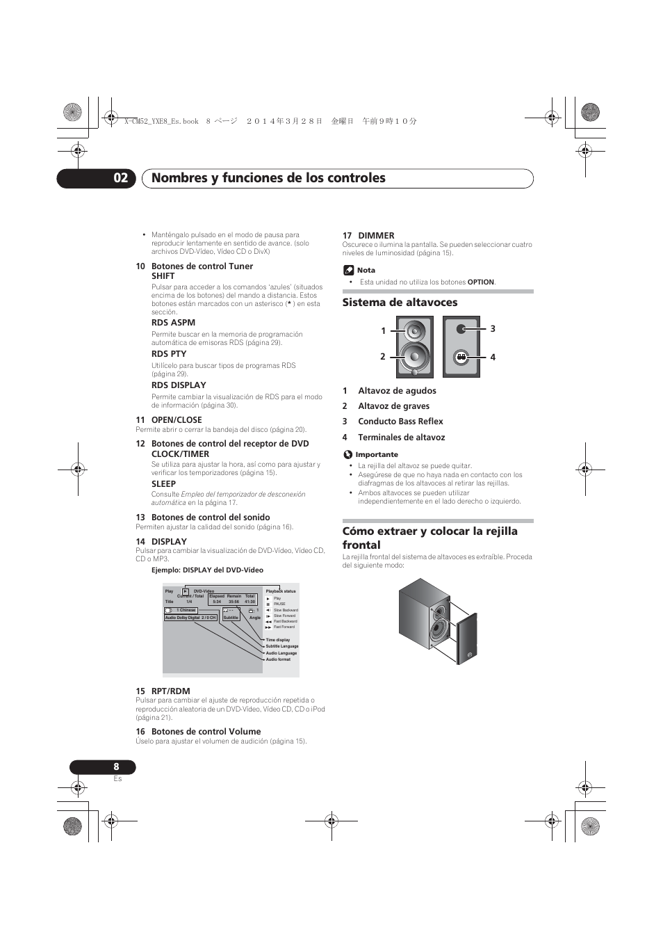 Sistema de altavoces, Cómo extraer y colocar la rejilla frontal, Nombres y funciones de los controles 02 | Pioneer X-CM52BT-W User Manual | Page 228 / 268