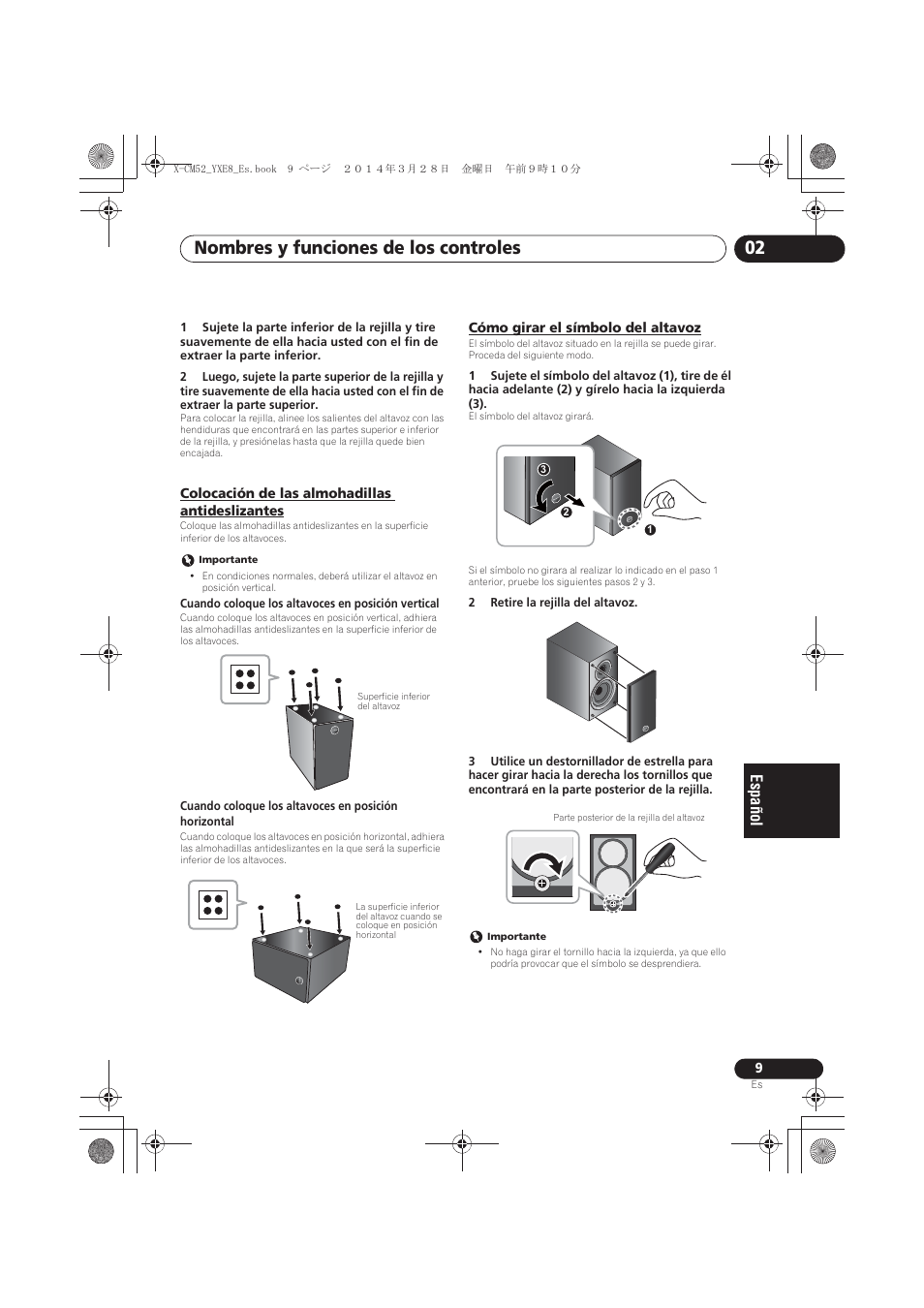 Colocación de las almohadillas antideslizantes, Cómo girar el símbolo del altavoz, Nombres y funciones de los controles 02 | Pioneer X-CM52BT-W User Manual | Page 229 / 268