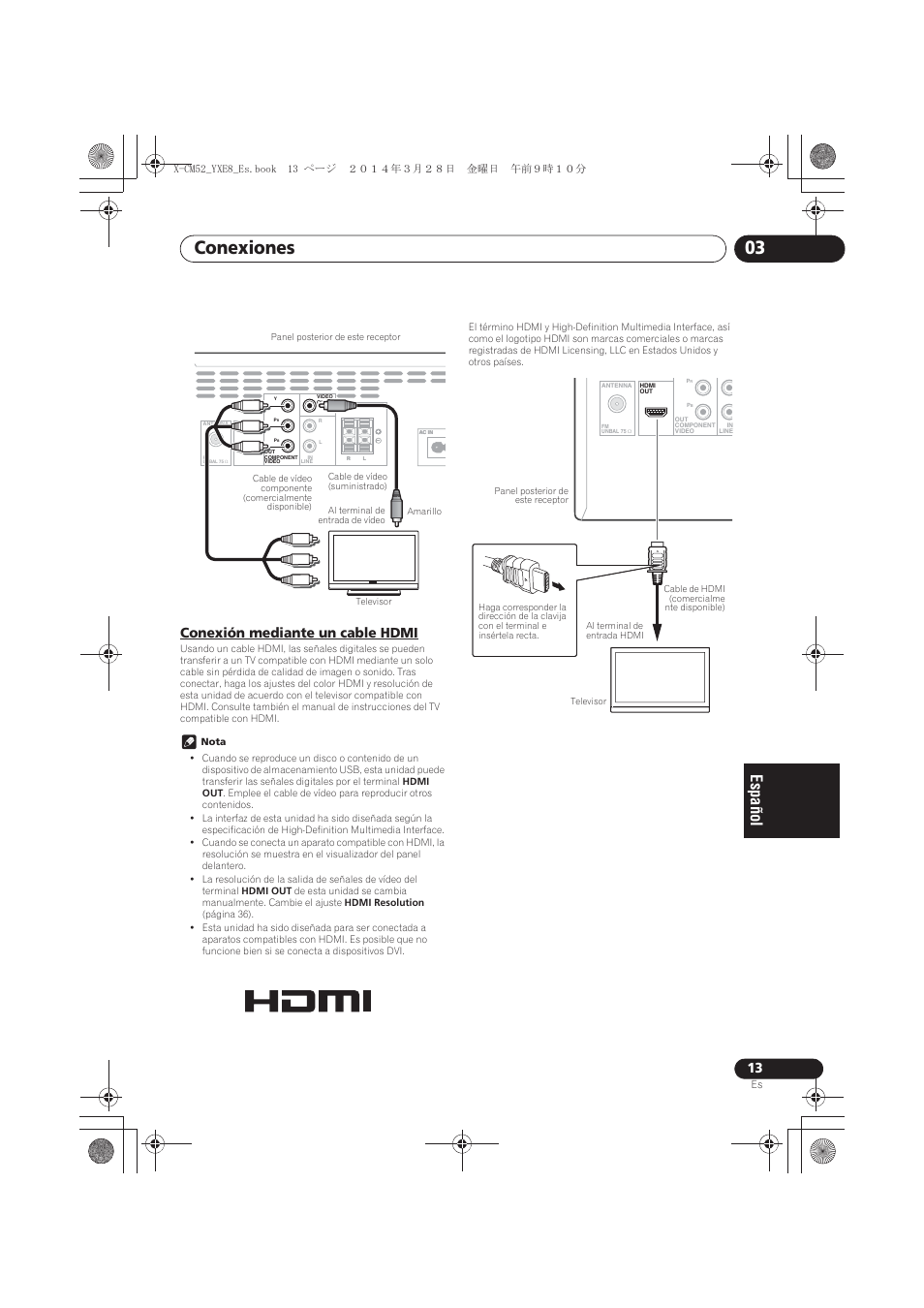 Conexión mediante un cable hdmi, Conexiones 03 | Pioneer X-CM52BT-W User Manual | Page 233 / 268