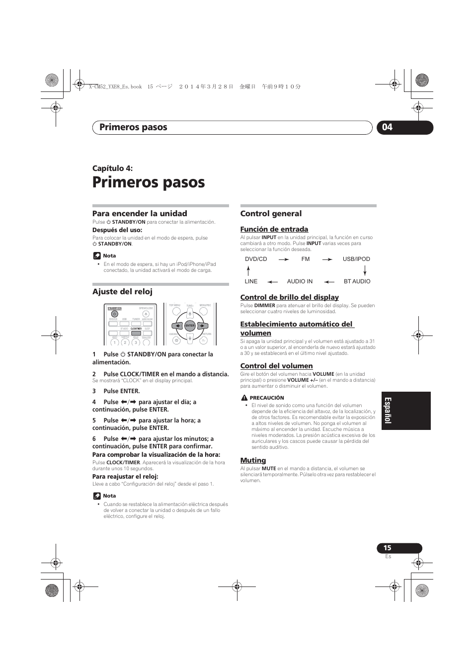 04 primeros pasos, Para encender la unidad, Ajuste del reloj | Control general, Función de entrada, Control de brillo del display, Establecimiento automático del volumen, Control del volumen, Muting, Primeros pasos | Pioneer X-CM52BT-W User Manual | Page 235 / 268