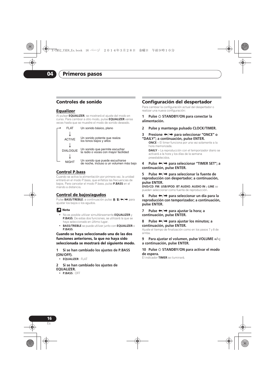 Controles de sonido, Equalizer, Control p.bass | Control de bajos/agudos, Configuración del despertador, Primeros pasos 04 | Pioneer X-CM52BT-W User Manual | Page 236 / 268