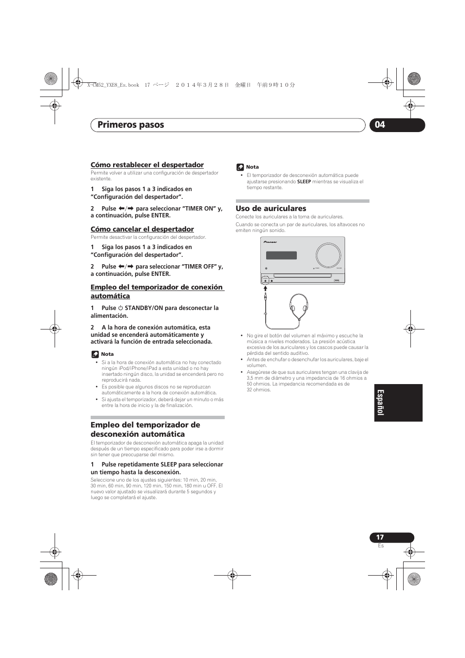 Cómo restablecer el despertador, Cómo cancelar el despertador, Empleo del temporizador de conexión automática | Empleo del temporizador de desconexión automática, Uso de auriculares, Primeros pasos 04 | Pioneer X-CM52BT-W User Manual | Page 237 / 268