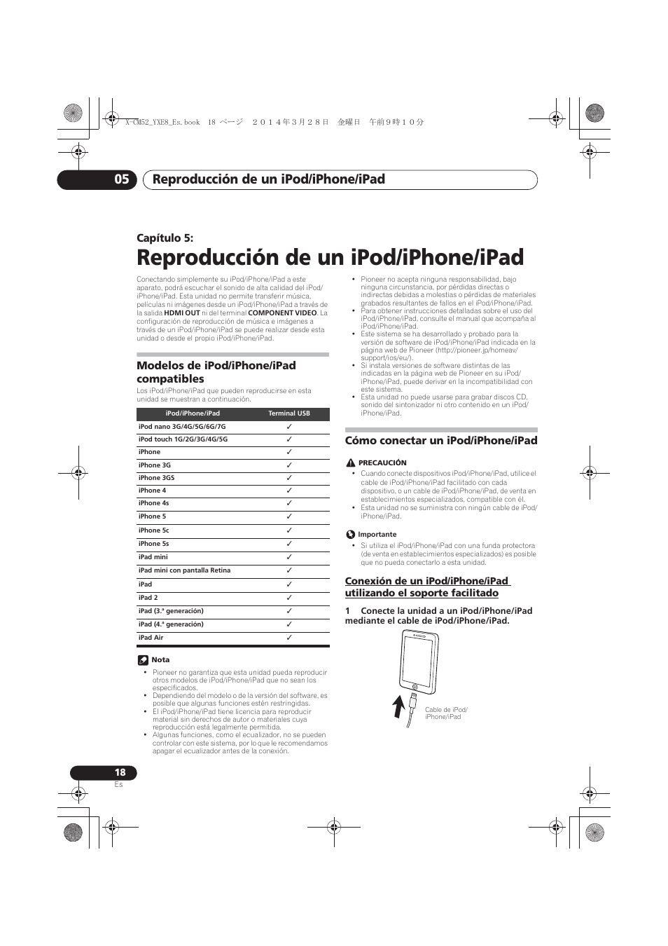 05 reproducción de un ipod/iphone/ipad, Modelos de ipod/iphone/ipad compatibles, Cómo conectar un ipod/iphone/ipad | Facilitado, Reproducción de un ipod/iphone/ipad, Reproducción de un ipod/iphone/ipad 05, Capítulo 5 | Pioneer X-CM52BT-W User Manual | Page 238 / 268