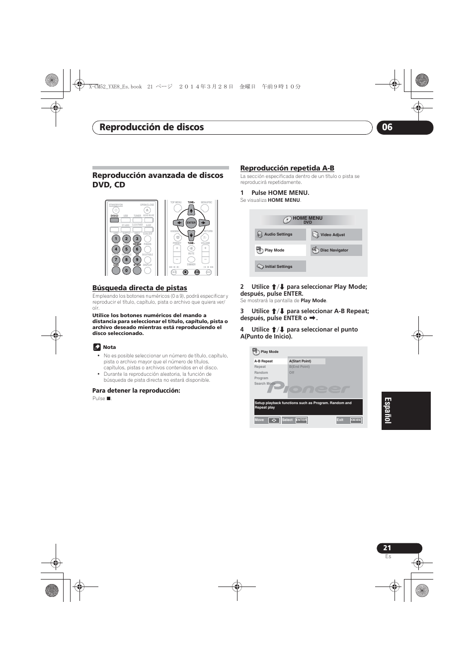 Reproducción avanzada de discos dvd, cd, Búsqueda directa de pistas, Reproducción repetida a-b | Reproducción de discos 06, Para detener la reproducción, 1pulse home menu | Pioneer X-CM52BT-W User Manual | Page 241 / 268