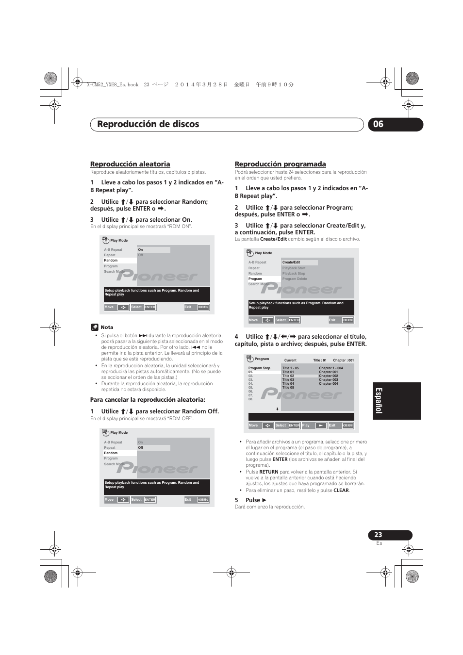 Reproducción aleatoria, Reproducción programada, Reproducción de discos 06 | Pioneer X-CM52BT-W User Manual | Page 243 / 268