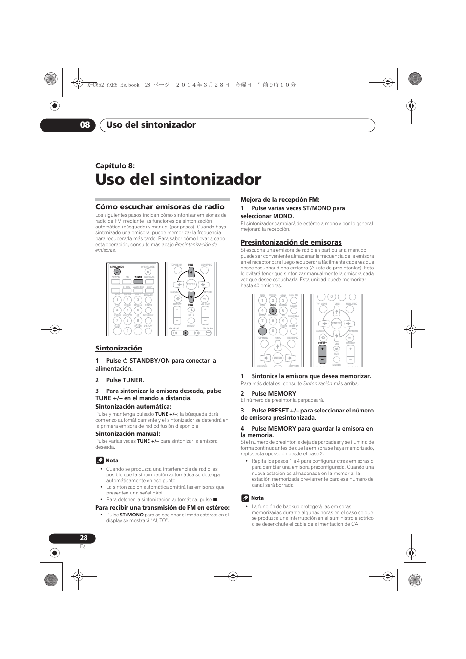 08 uso del sintonizador, Cómo escuchar emisoras de radio, Sintonización | Presintonización de emisoras, Uso del sintonizador, Uso del sintonizador 08, Capítulo 8, Sintonización manual, Para recibir una transmisión de fm en estéreo | Pioneer X-CM52BT-W User Manual | Page 248 / 268