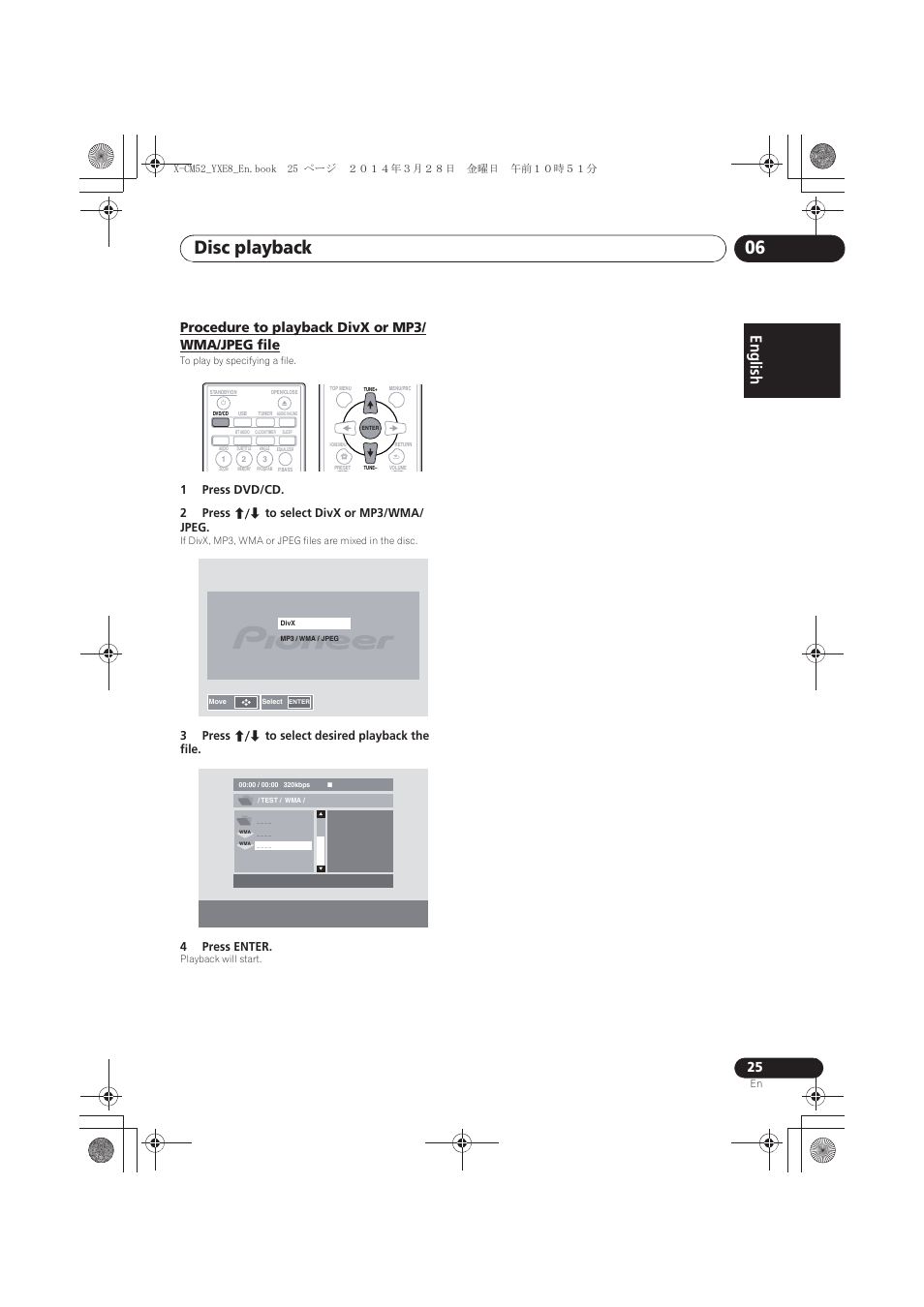 Procedure to playback divx or mp3/wma/jpeg file, Disc playback 06, English | Procedure to playback divx or mp3/ wma/jpeg file | Pioneer X-CM52BT-W User Manual | Page 25 / 268