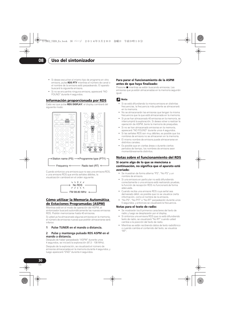 Información proporcionada por rds, Cómo utilizar la memoria automática de estaciones, Programadas (aspm) | Notas sobre el funcionamiento del rds, Uso del sintonizador 08, Notas para el texto de radio | Pioneer X-CM52BT-W User Manual | Page 250 / 268