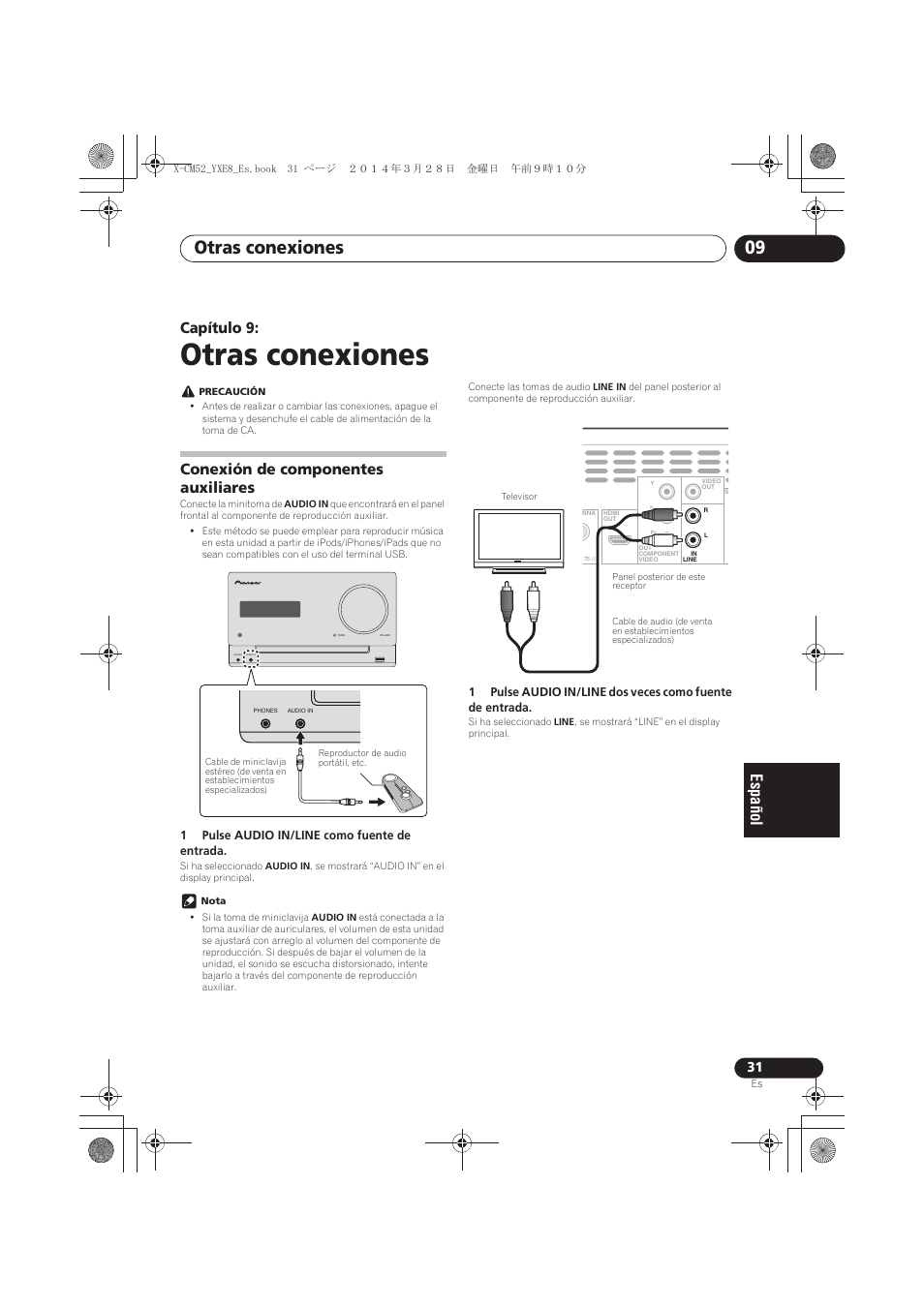 09 otras conexiones, Conexión de componentes auxiliares, Otras conexiones | Otras conexiones 09, Capítulo 9 | Pioneer X-CM52BT-W User Manual | Page 251 / 268