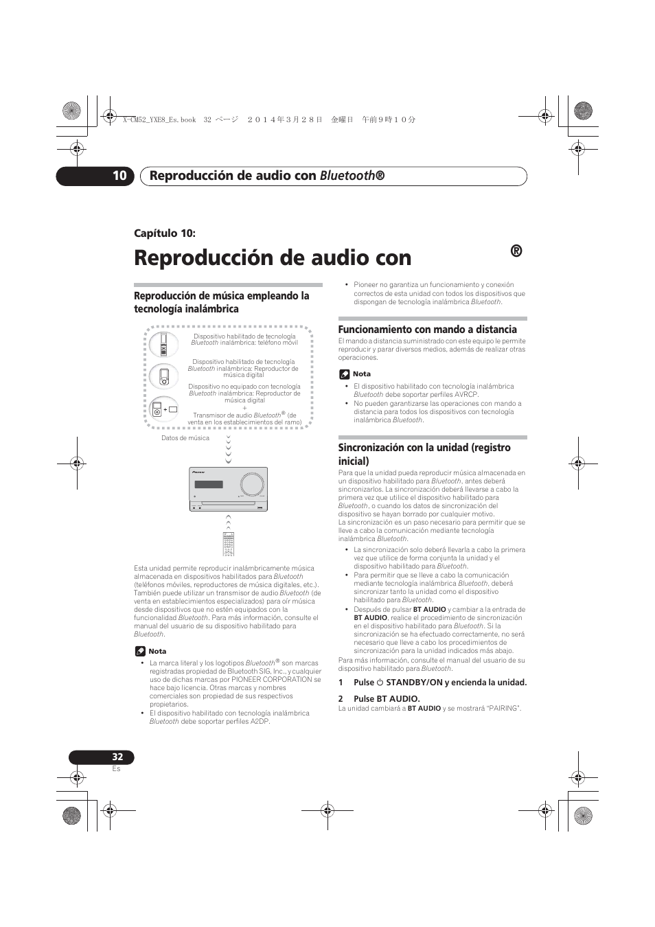 10 reproducción de audio con bluetooth, Bluetooth, Funcionamiento con mando a distancia | Sincronización con la unidad (registro inicial), Reproducción de audio con bluetooth | Pioneer X-CM52BT-W User Manual | Page 252 / 268