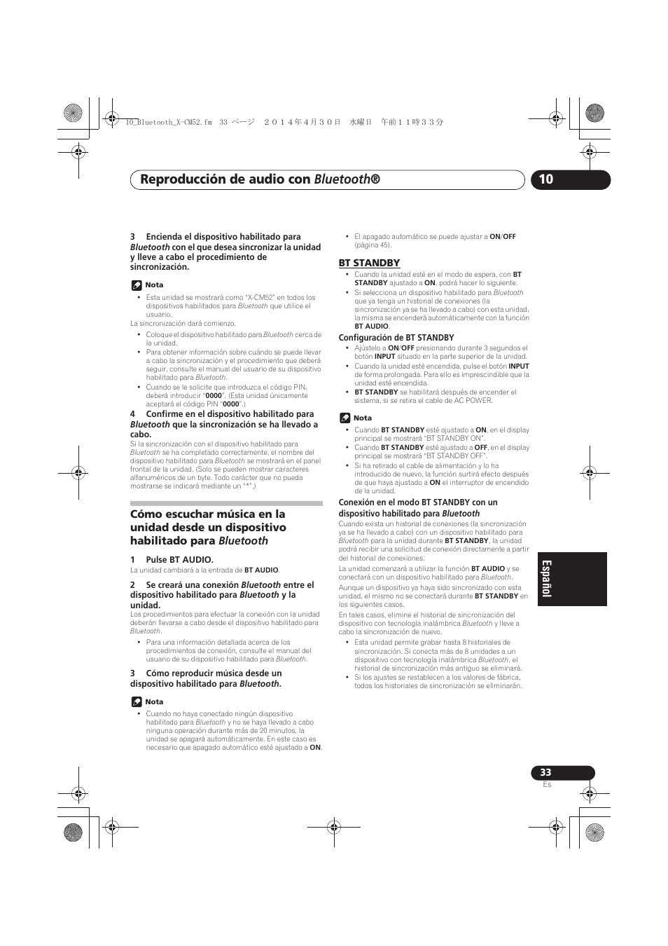 Habilitado para bluetooth, Bt standby, Reproducción de audio con bluetooth | Pioneer X-CM52BT-W User Manual | Page 253 / 268