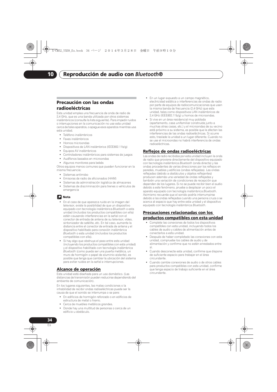 Precaución con las ondas radioeléctricas, Alcance de operación, Reflejos de ondas radioeléctricas | Con esta unidad, Reproducción de audio con bluetooth | Pioneer X-CM52BT-W User Manual | Page 254 / 268