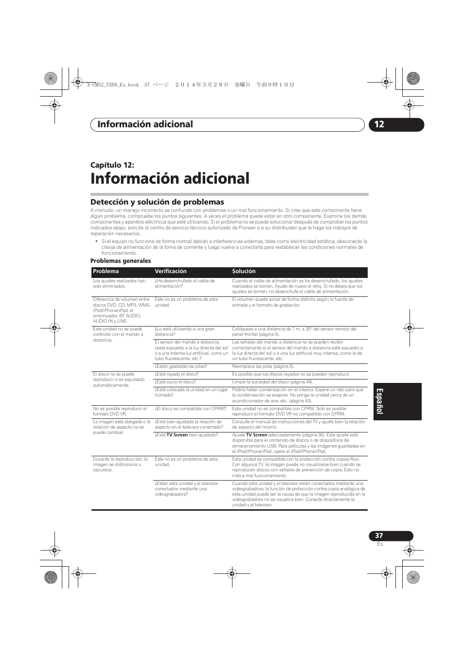 12 información adicional, Detección y solución de problemas, Información adicional | Información adicional 12, Capítulo 12 | Pioneer X-CM52BT-W User Manual | Page 257 / 268