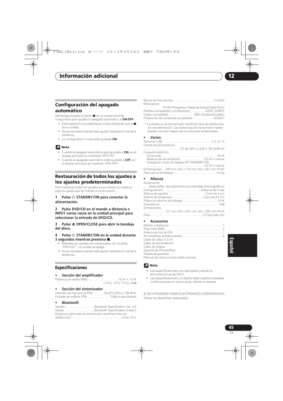 Configuración del apagado automático, Restauración de todos los ajustes a los ajustes, Predeterminados | Especificaciones, Información adicional 12 | Pioneer X-CM52BT-W User Manual | Page 265 / 268