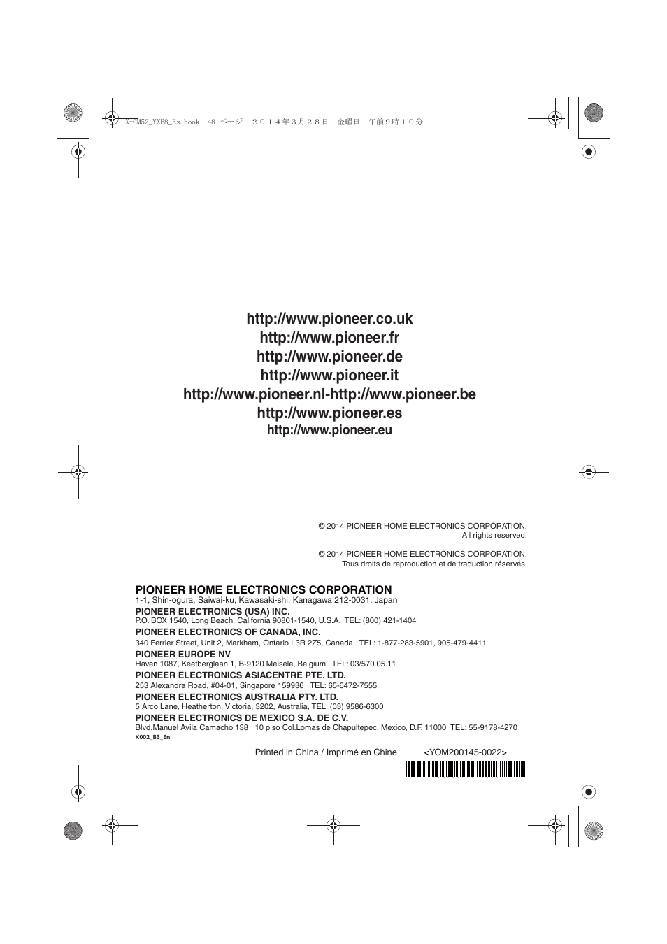 Pioneer home electronics corporation | Pioneer X-CM52BT-W User Manual | Page 268 / 268