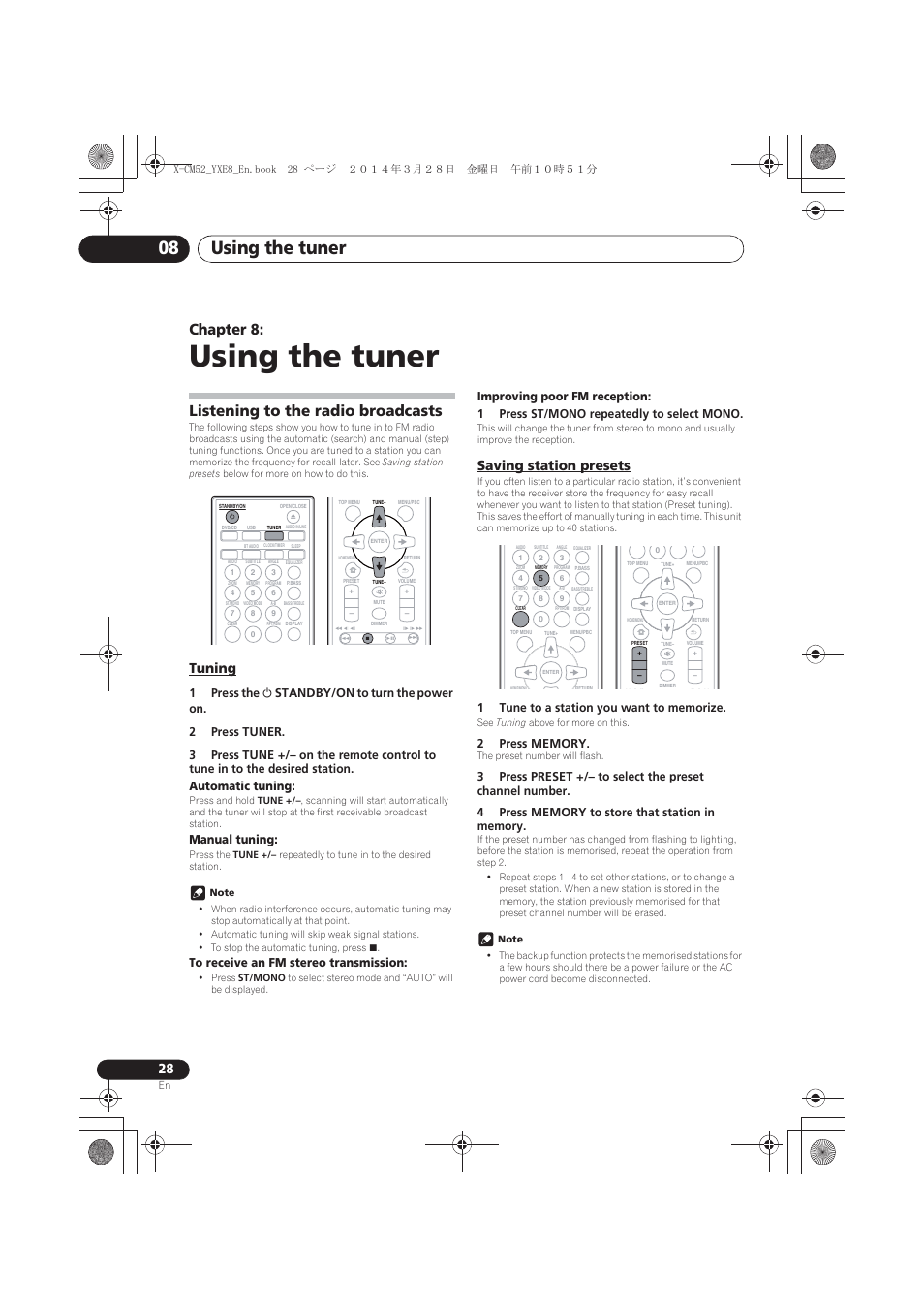 08 using the tuner, Listening to the radio broadcasts, Tuning | Saving station presets, Using the tuner, Using the tuner 08, Chapter 8, Manual tuning | Pioneer X-CM52BT-W User Manual | Page 28 / 268
