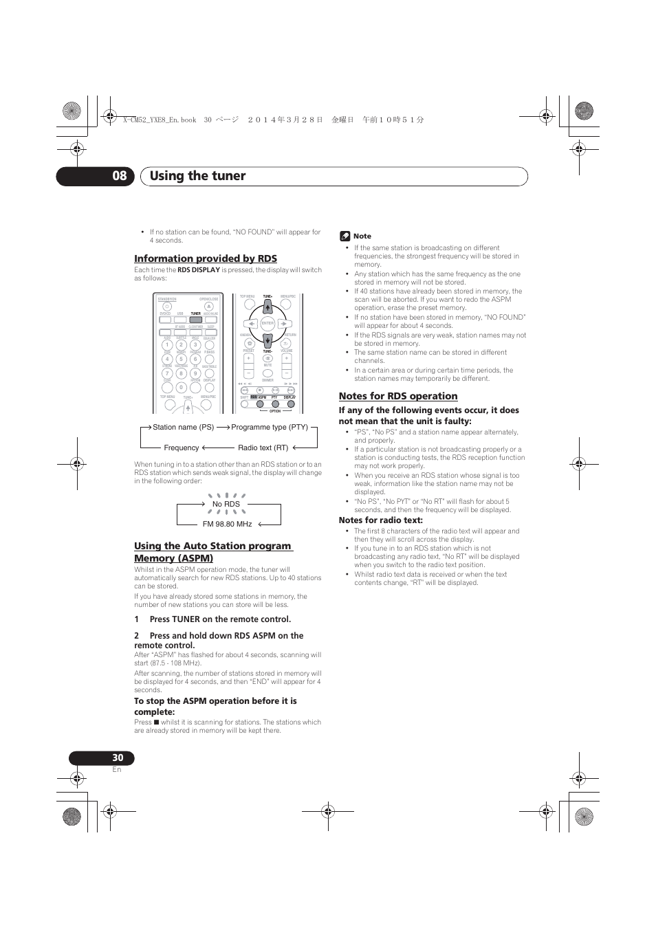 Information provided by rds, Using the auto station program memory (aspm), Notes for rds operation | Using the tuner 08 | Pioneer X-CM52BT-W User Manual | Page 30 / 268
